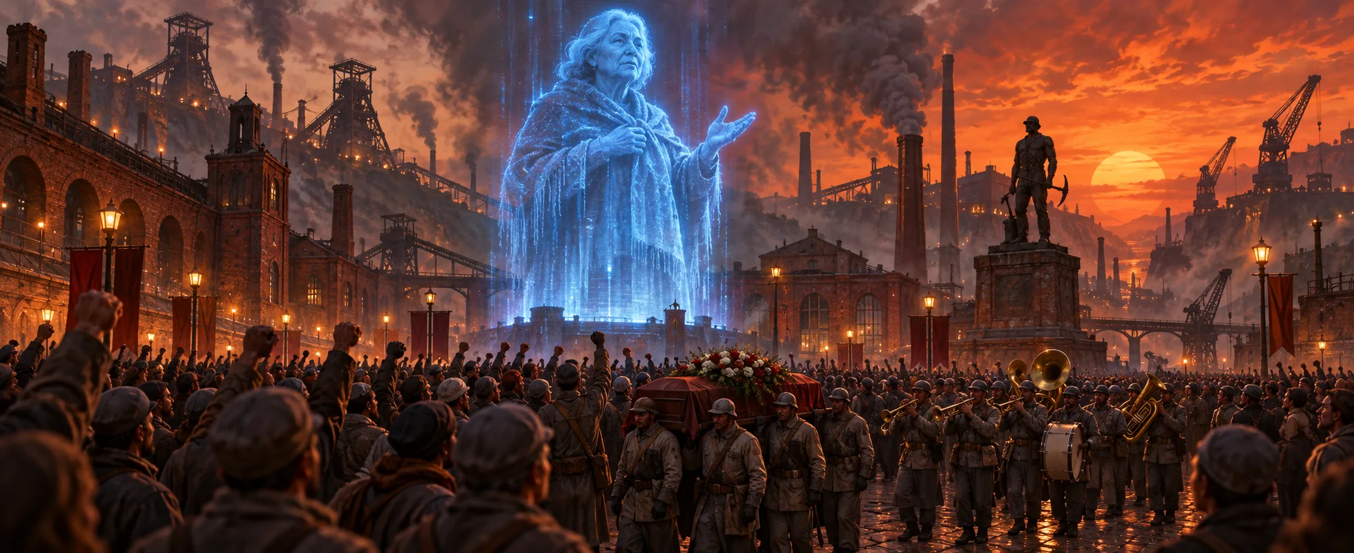 A crowd of workers fills a rust-coloured industrial square at dusk as a towering blue hologram of an old woman speaks above a funeral procession.