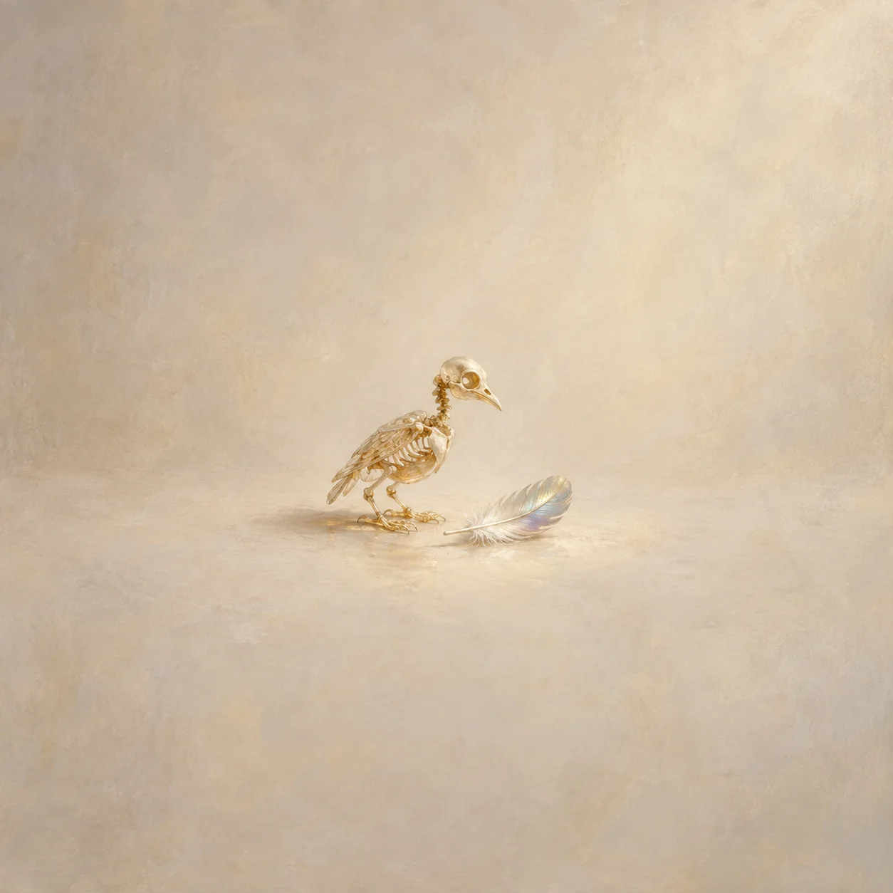 A translucent golden model of a small bird skeleton stands beside a pale feather on a cream surface.