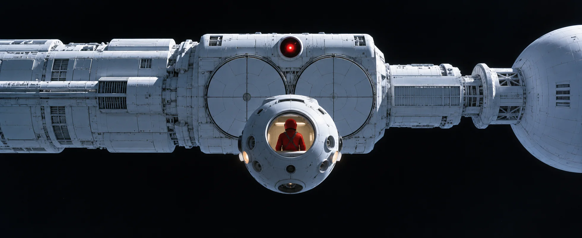 A small white space pod hangs before the closed pod-bay doors of a long white spaceship, a single red camera eye glowing on the hull.