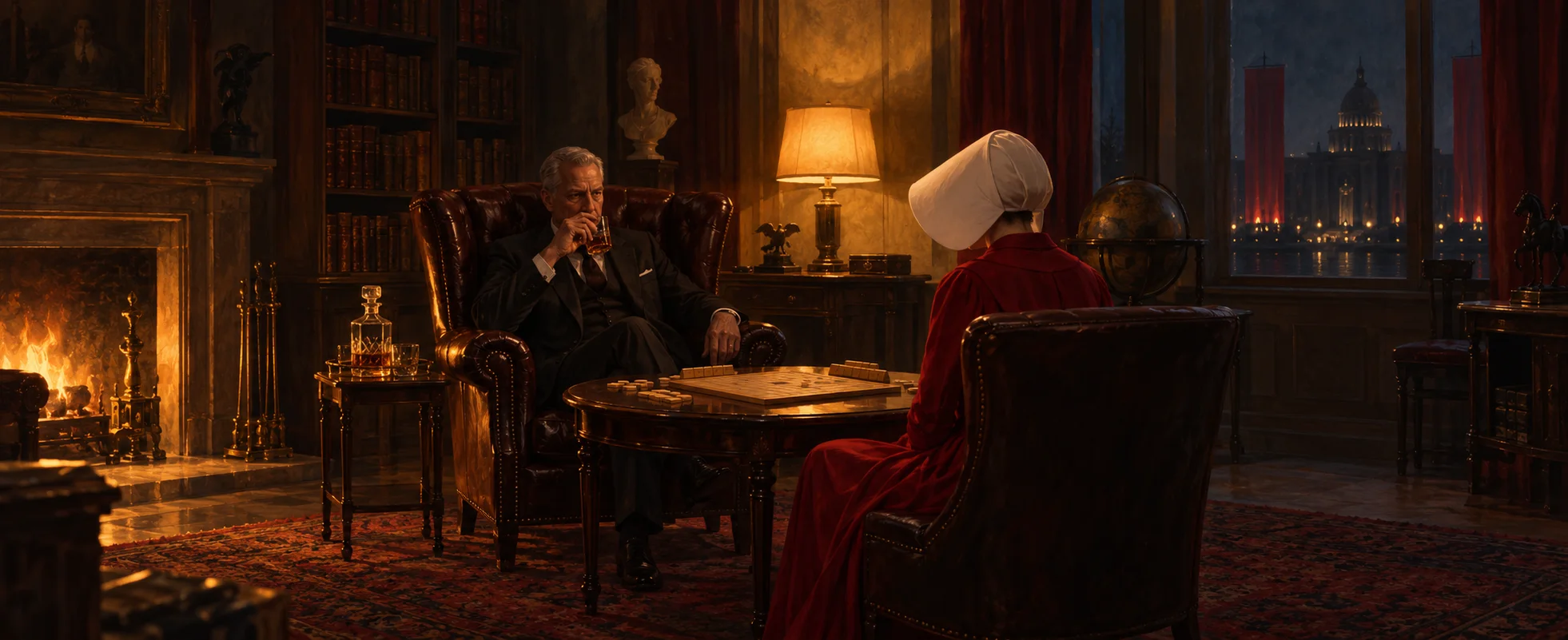 A grey-haired man in a dark suit sips a drink in a lamplit study of leather chairs and bookshelves, facing a woman in a red dress and white winged bonnet across a word-game board.