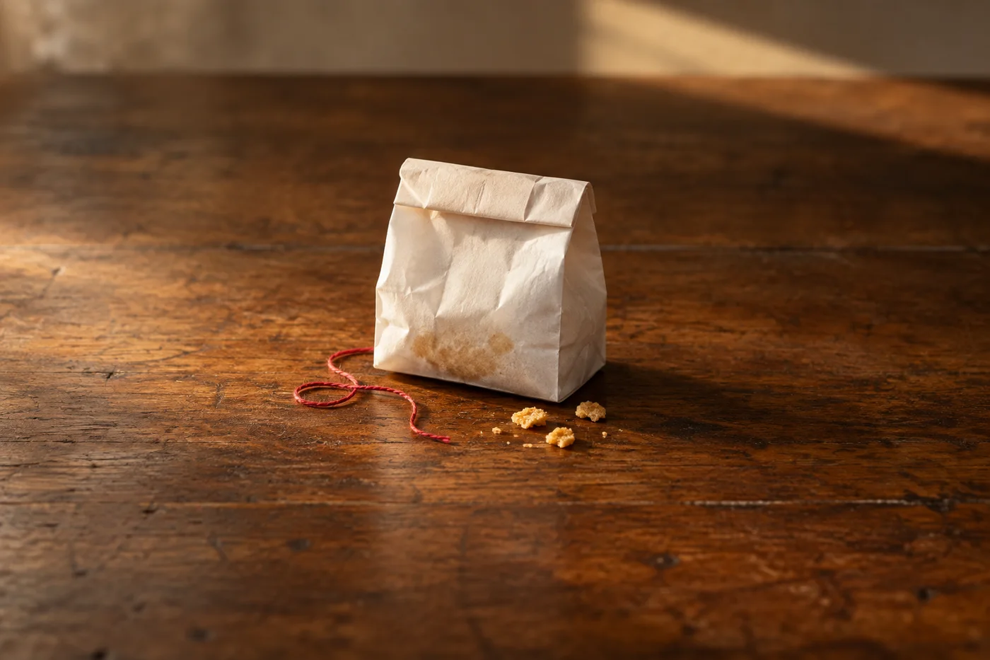 A folded white pastry bag, red string and golden crumbs on a caramel table.