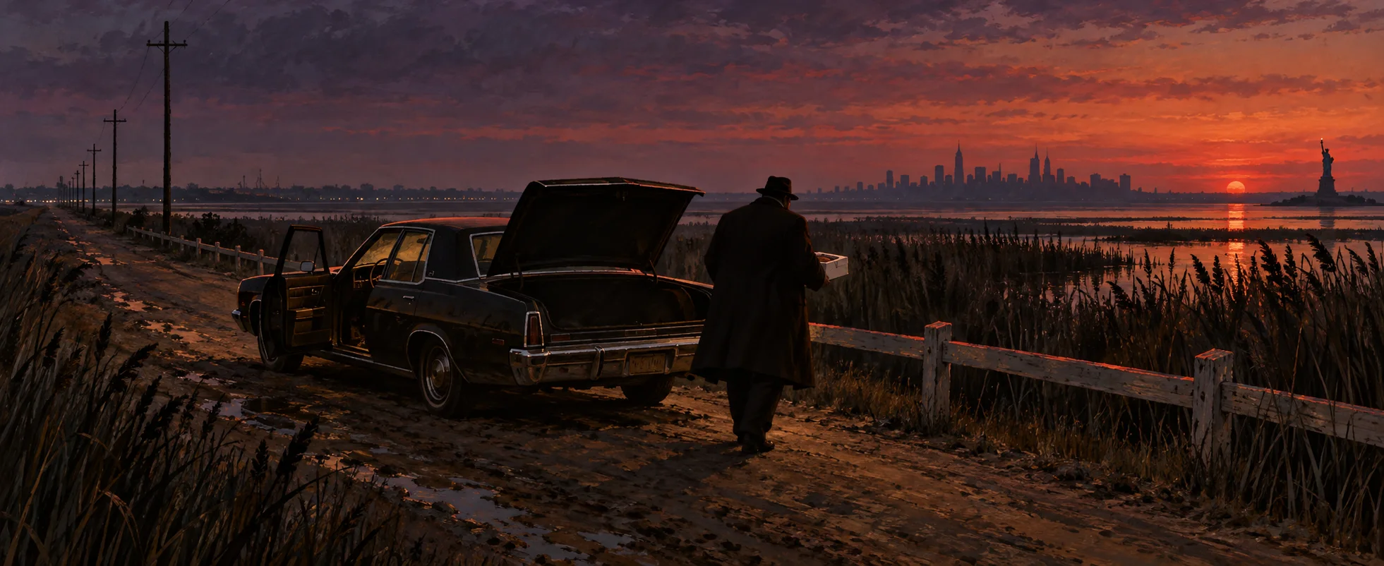 A heavyset man in a fedora walks back to a parked car with its boot open on a marsh causeway at dusk, the Statue of Liberty tiny on the horizon.