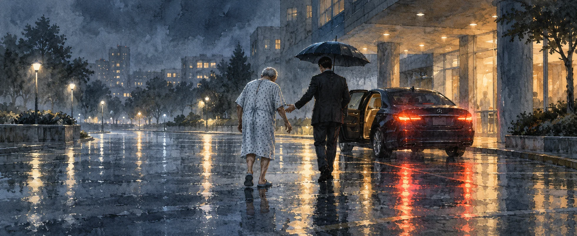 On a rainy night outside a hospital, an old man in a gown reaches toward a young man in a suit holding an umbrella by a waiting car.