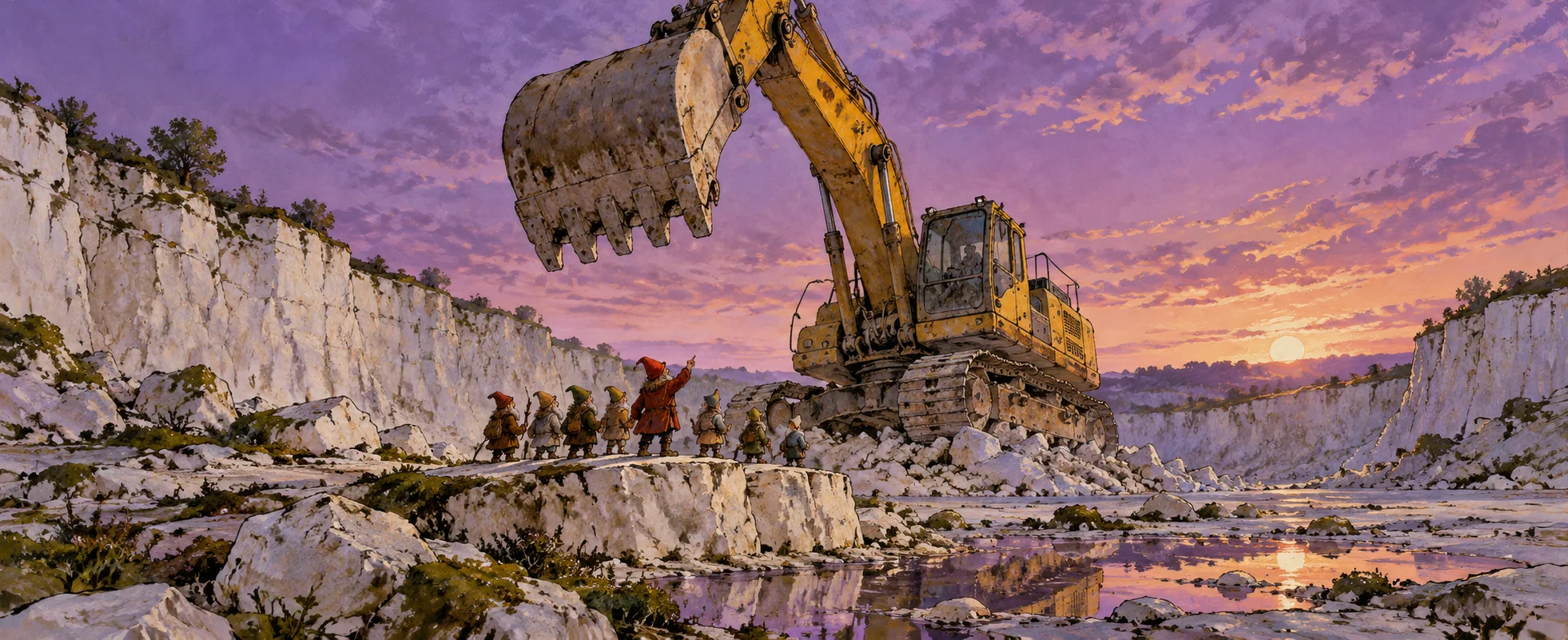 A band of tiny people on a ledge in a chalk quarry face a huge yellow excavator raising its bucket against a violet dusk sky.