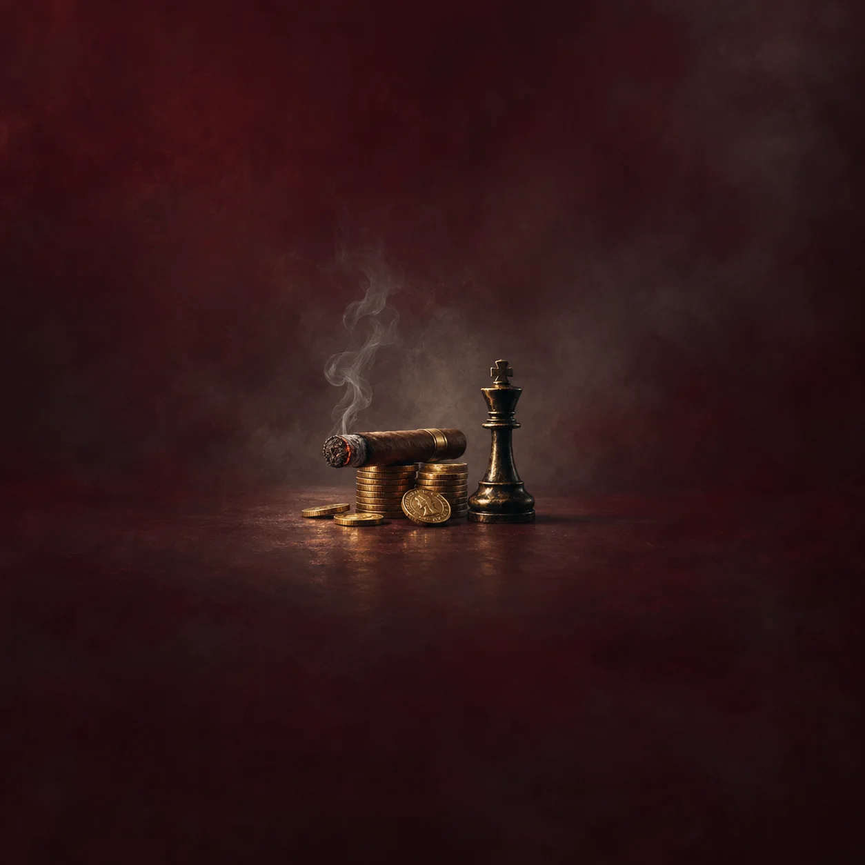 Painterly smoking cigar resting on gold coins beside a black chess king.