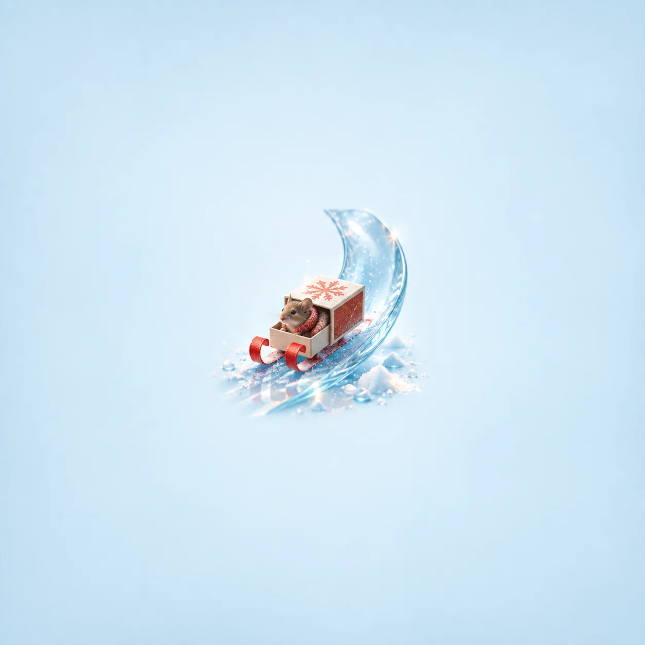 A small red-and-white box sled rests on a curved blue glass chute amid scattered ice-like fragments.