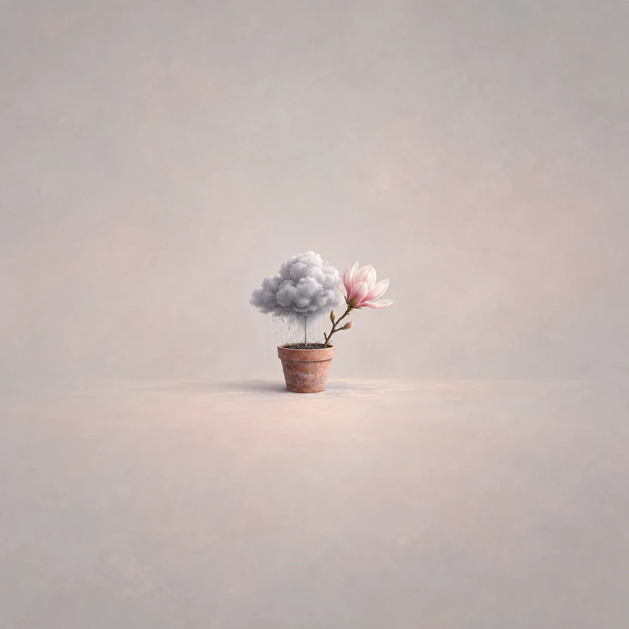 A small cotton-wool storm cloud in a flowerpot next to a pink magnolia blossom.