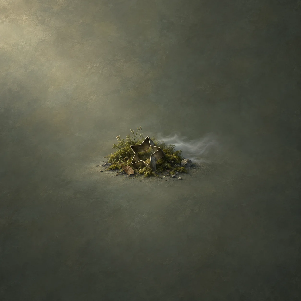 A star-shaped metal cutter rests among green moss and dark stones with a wisp of mist behind it.