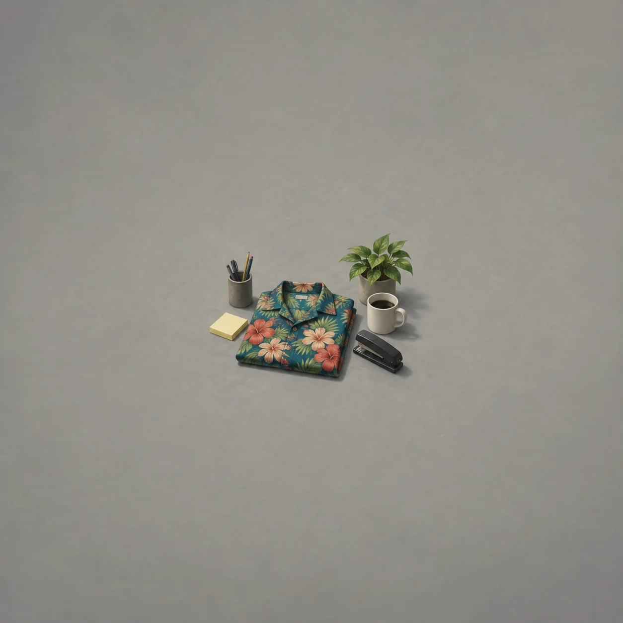 A folded floral shirt lies beside a stapler, mug, pencil pot and small plant on a grey surface.