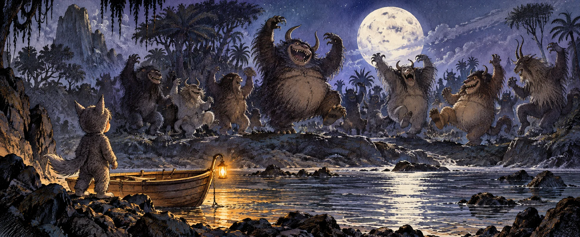 A small boy in a wolf suit stands by his boat on a moonlit shore as horned, furry monsters dance and roar beneath a full moon.