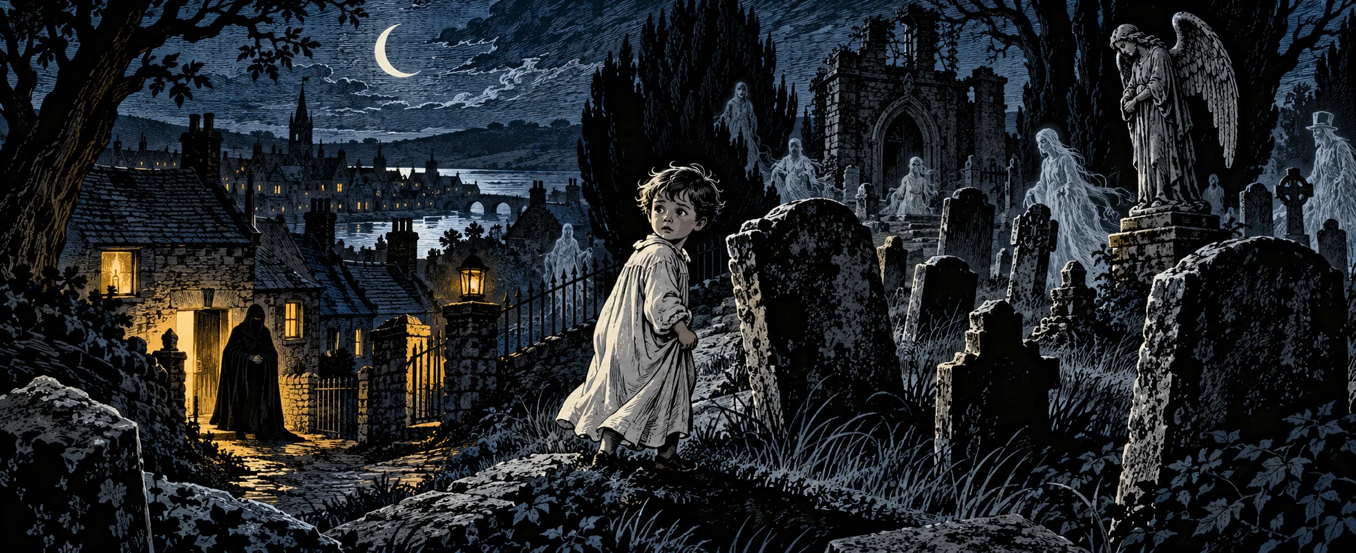A toddler in a nightshirt stands among leaning headstones in a moonlit hilltop graveyard, ghostly figures nearby and a hooded man below.