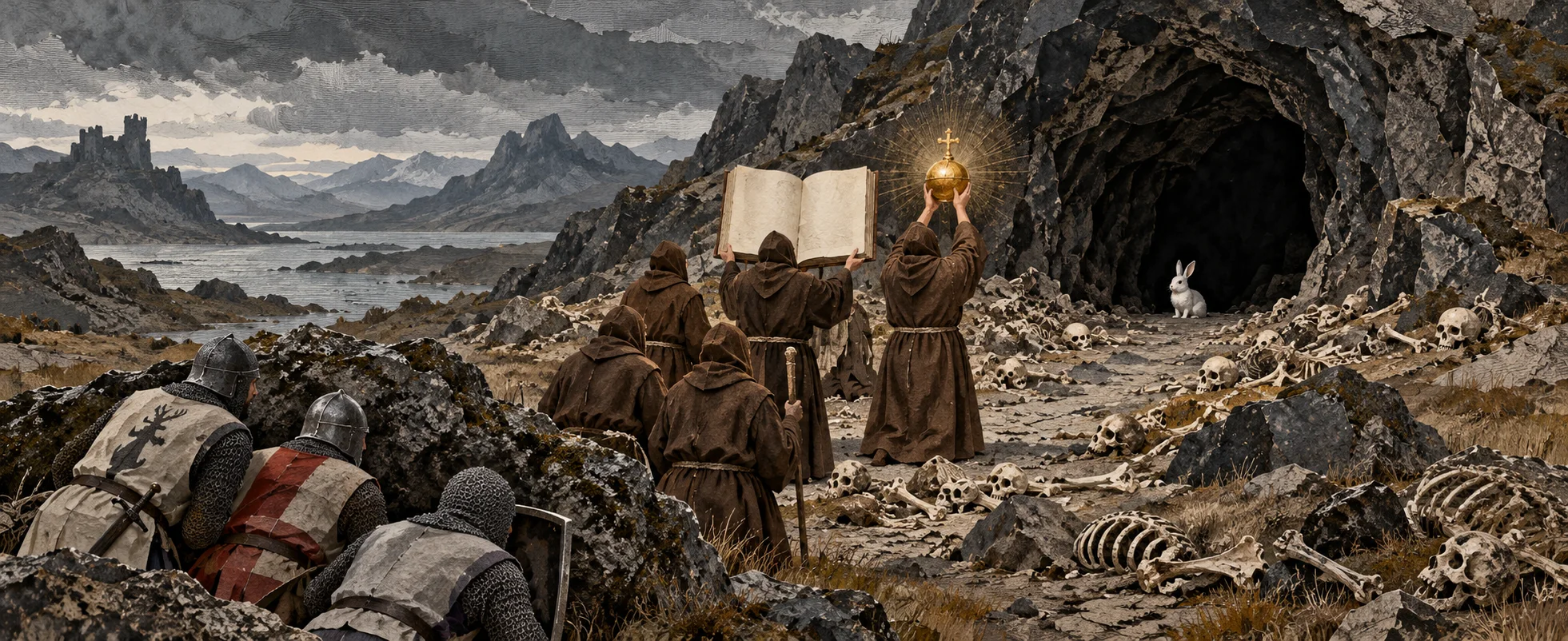 Monks raise a golden orb and a great book outside a bone-strewn cave where a small white rabbit waits, as knights hide behind a boulder.