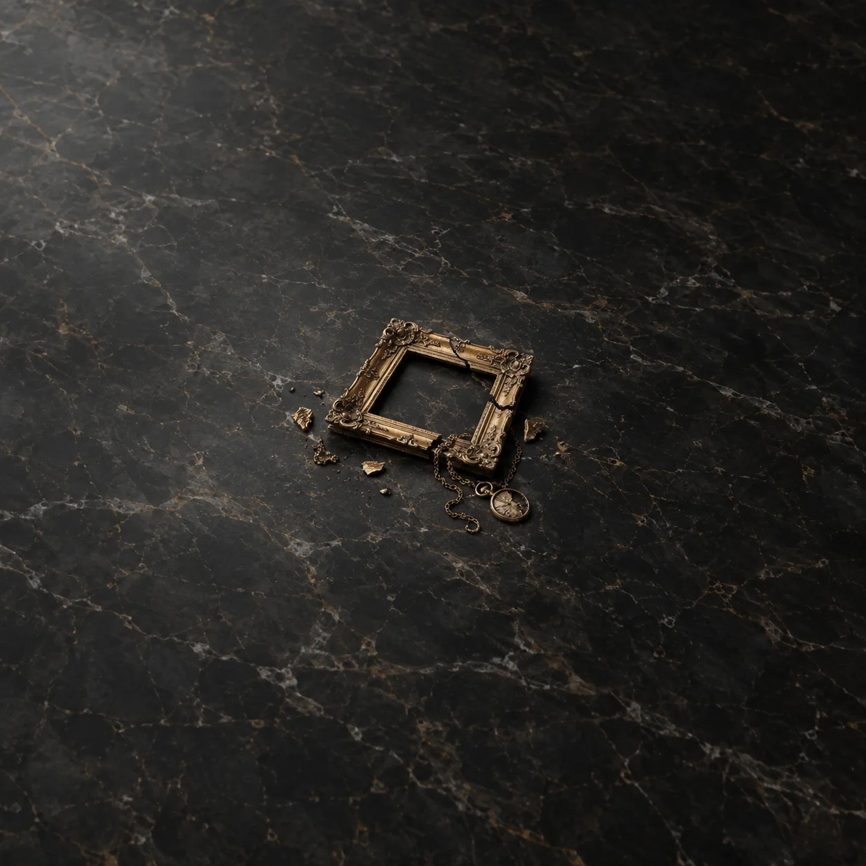 Painterly broken ornate gold frame and pocket watch on dark veined marble.