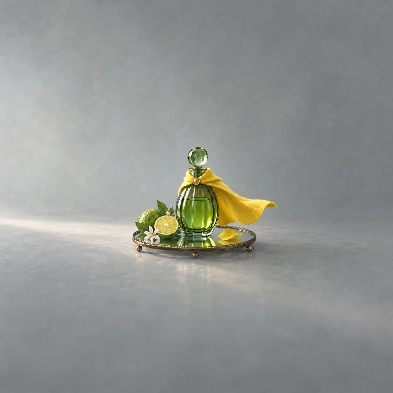 A green glass bottle wears a yellow cape on a mirrored tray beside citrus slices and leaves.