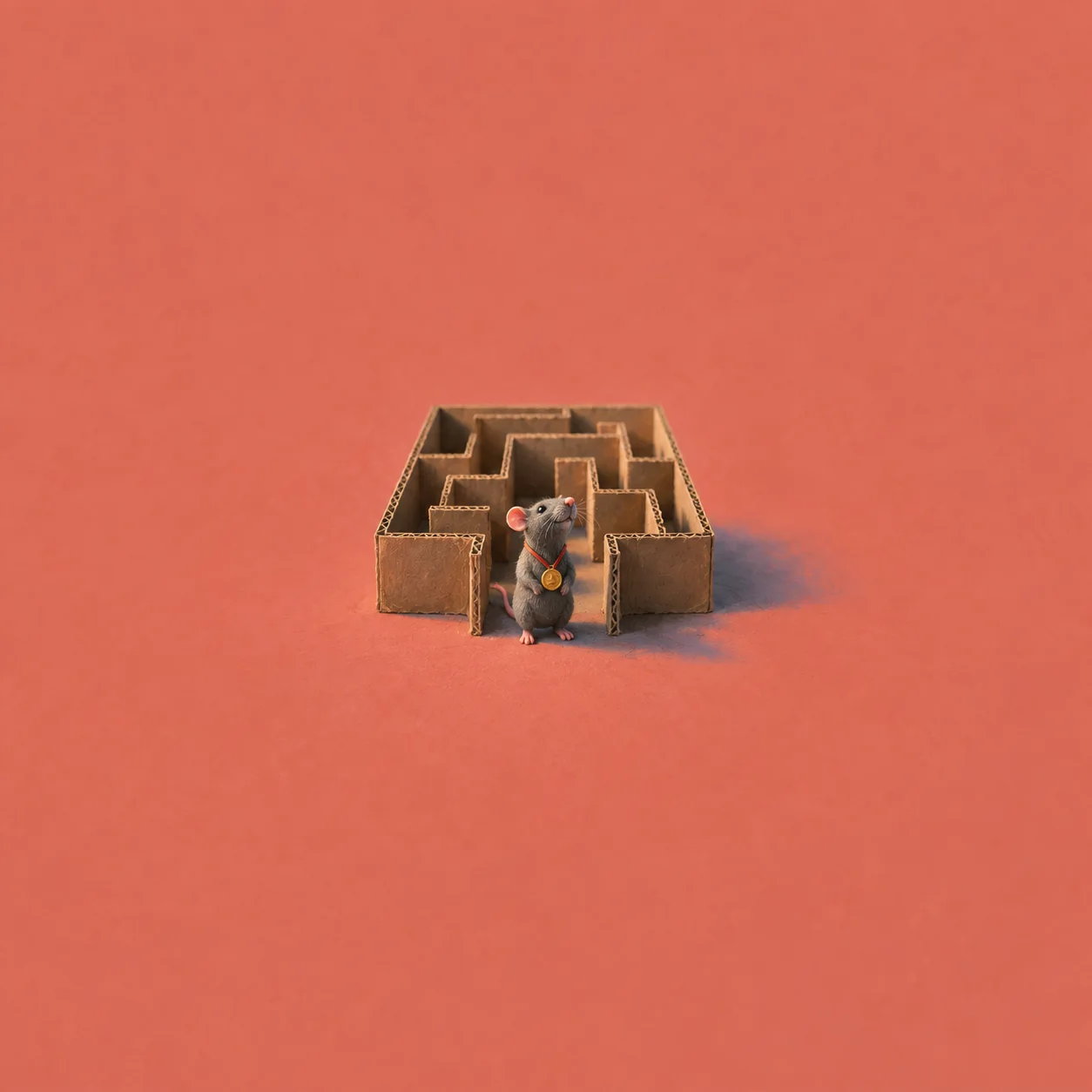 A small grey rat wearing a gold medal stands at the entrance to a cardboard maze against coral.