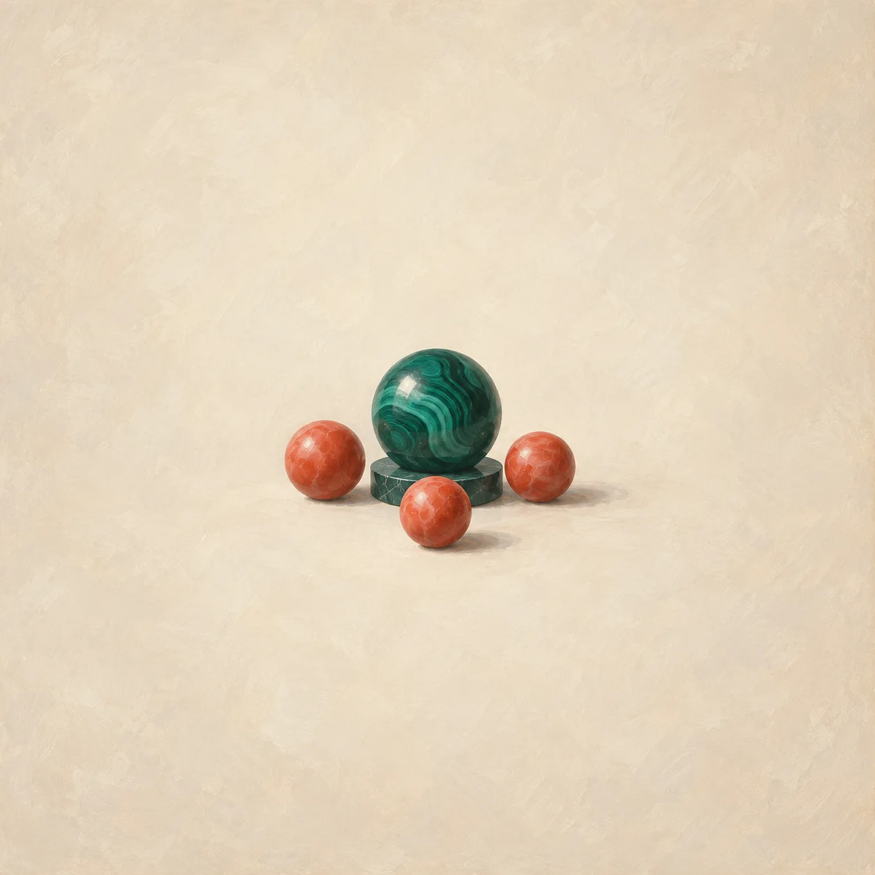 Four smooth malachite and coral game tokens, with one larger polished token among three smaller ones
