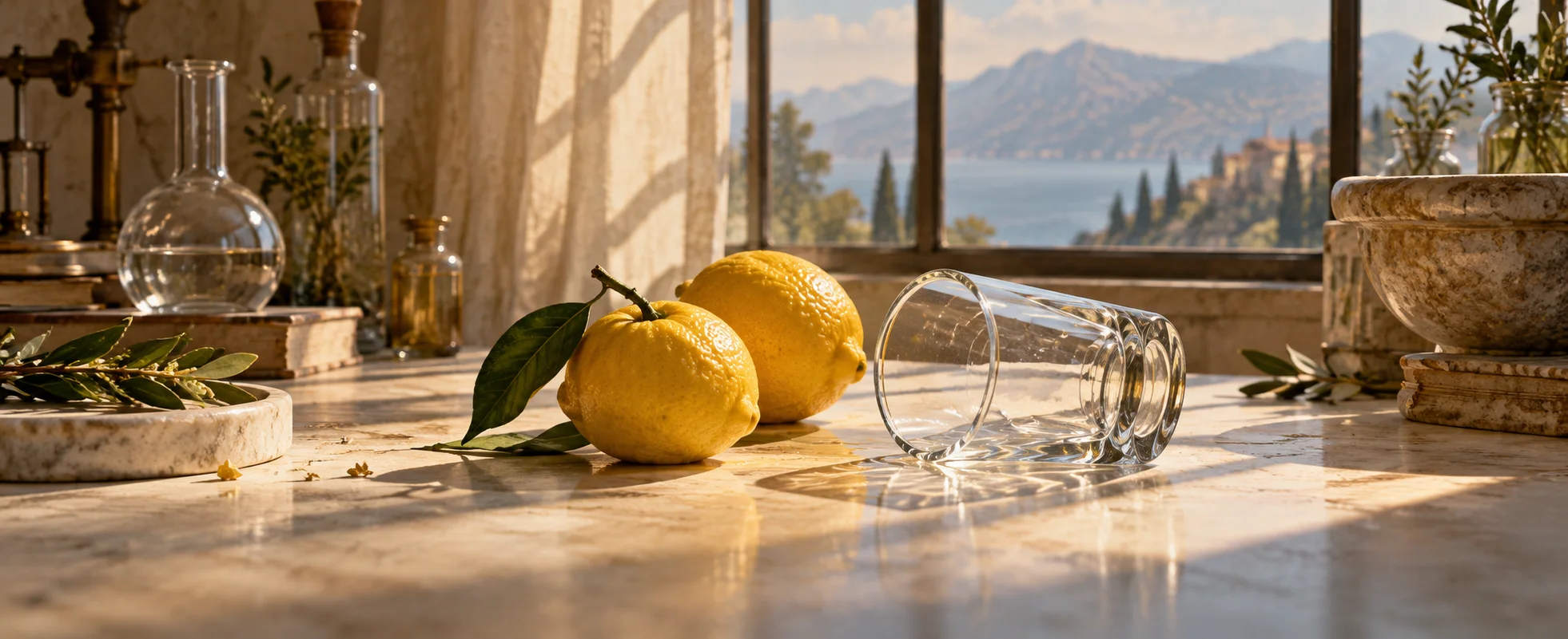 Two yellow lemons rest beside an overturned empty glass on a sunlit cream laboratory table.