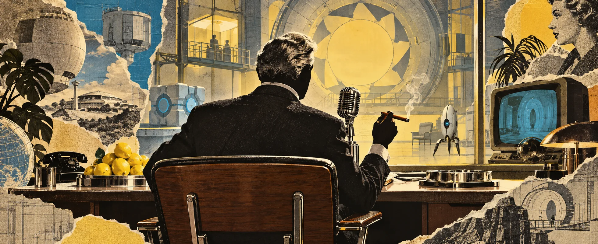 A silver-haired businessman in a suit leans into a chrome microphone at a desk heaped with lemons in a retro-futurist office collage.