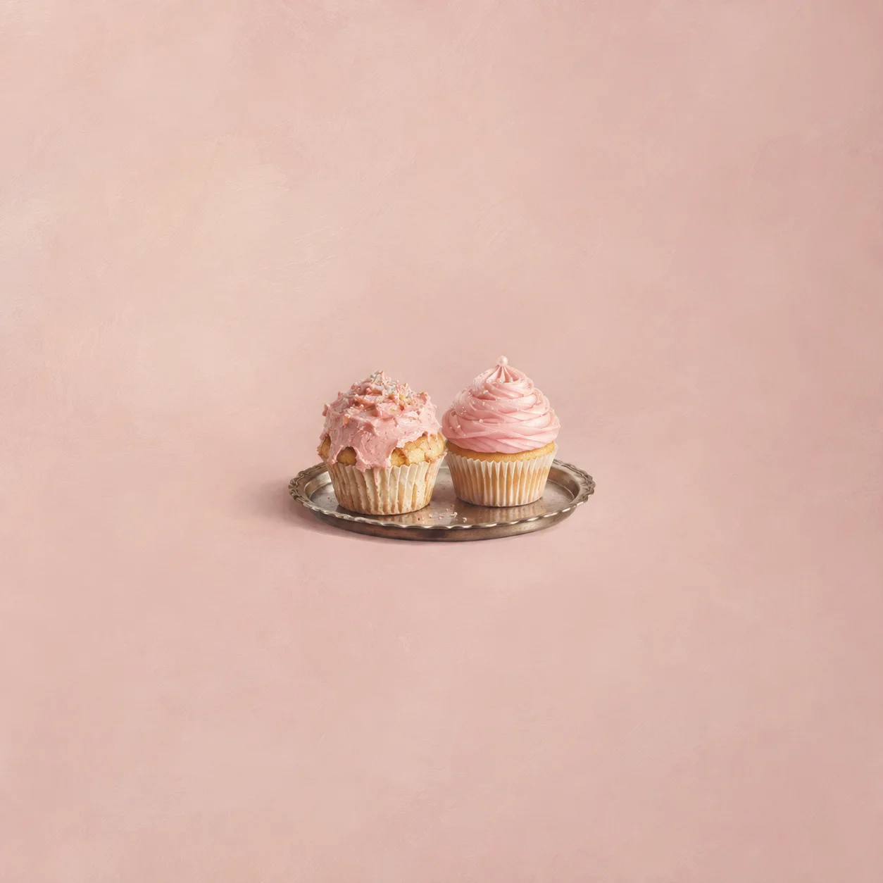 Two pink-frosted cupcakes sit on a small silver tray against pale pink.