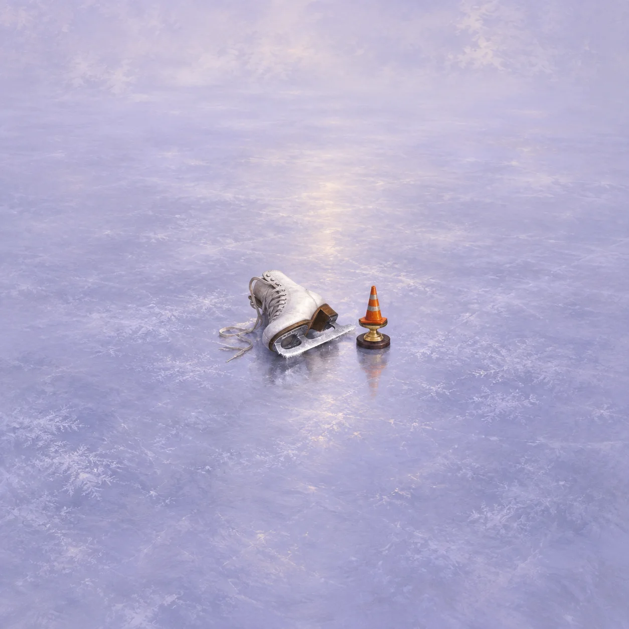 An ice skate on its side beside a tiny orange cone on a round base, resting on pale lavender ice.