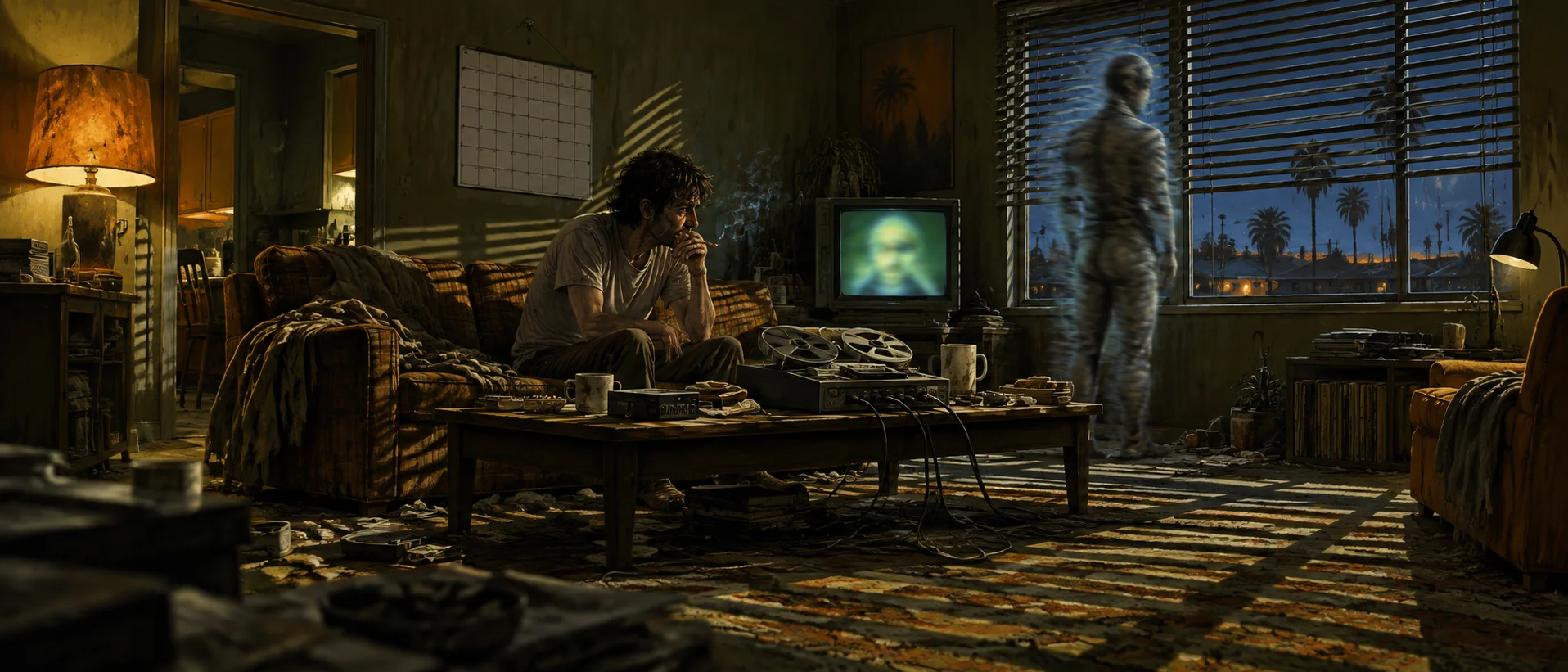 Illustration of a tired man on a sofa in a cluttered, blind-striped 1970s living room at night while a blurred, shifting figure stands watching by the window.