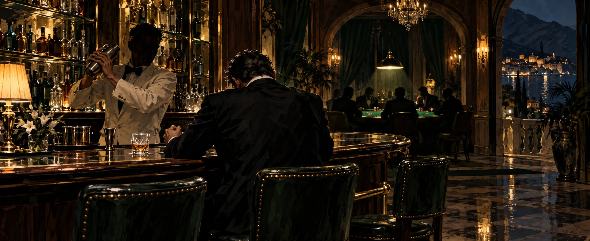At the bar of the Montenegro casino at night, Bond sits hunched and scowling while a bartender in a white jacket shakes a cocktail, a poker table glowing through the arch beyond.