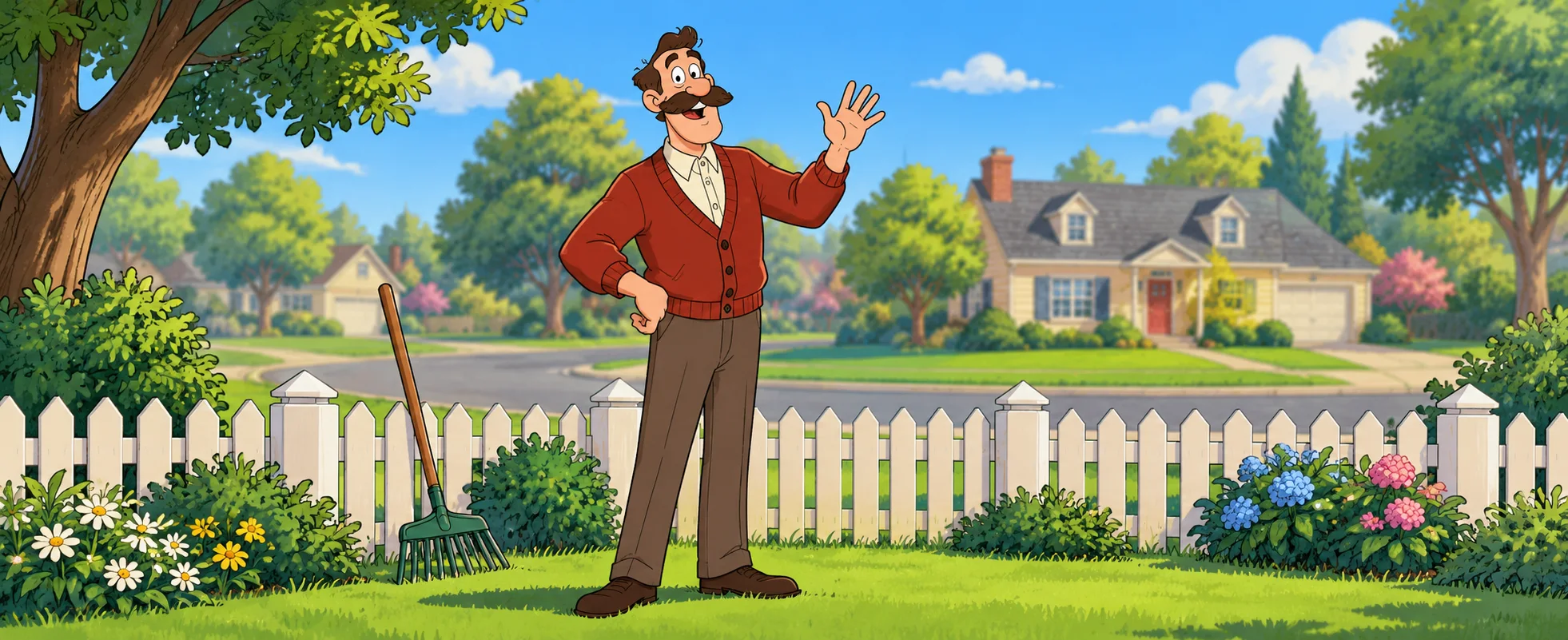 Cartoon illustration of a cheerful moustached neighbour in a red cardigan waving from a neat lawn behind a white picket fence, a rake leaning on the fence and suburban houses beyond.