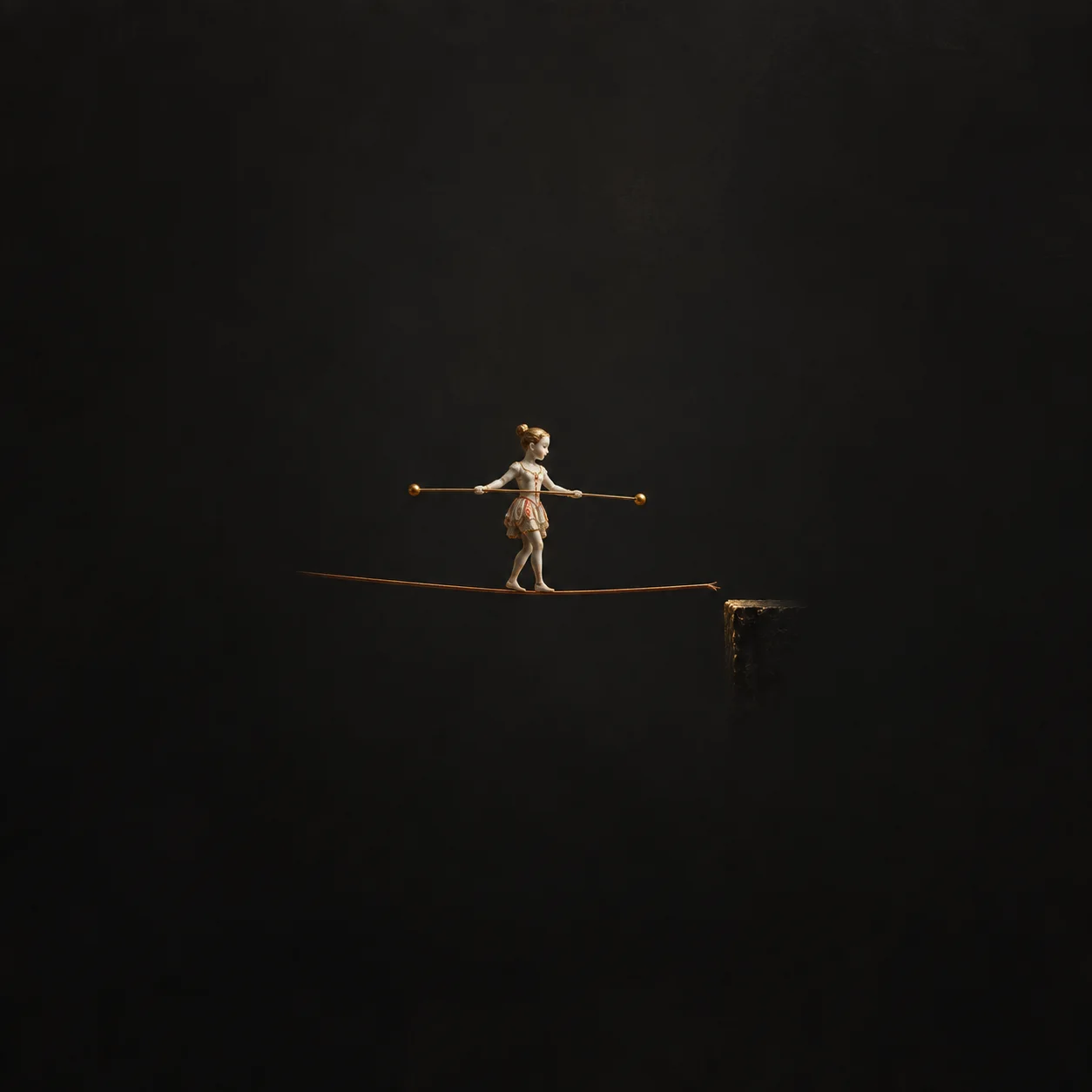 A small figurine balances with a pole on a thin copper wire ending near a dark ledge.