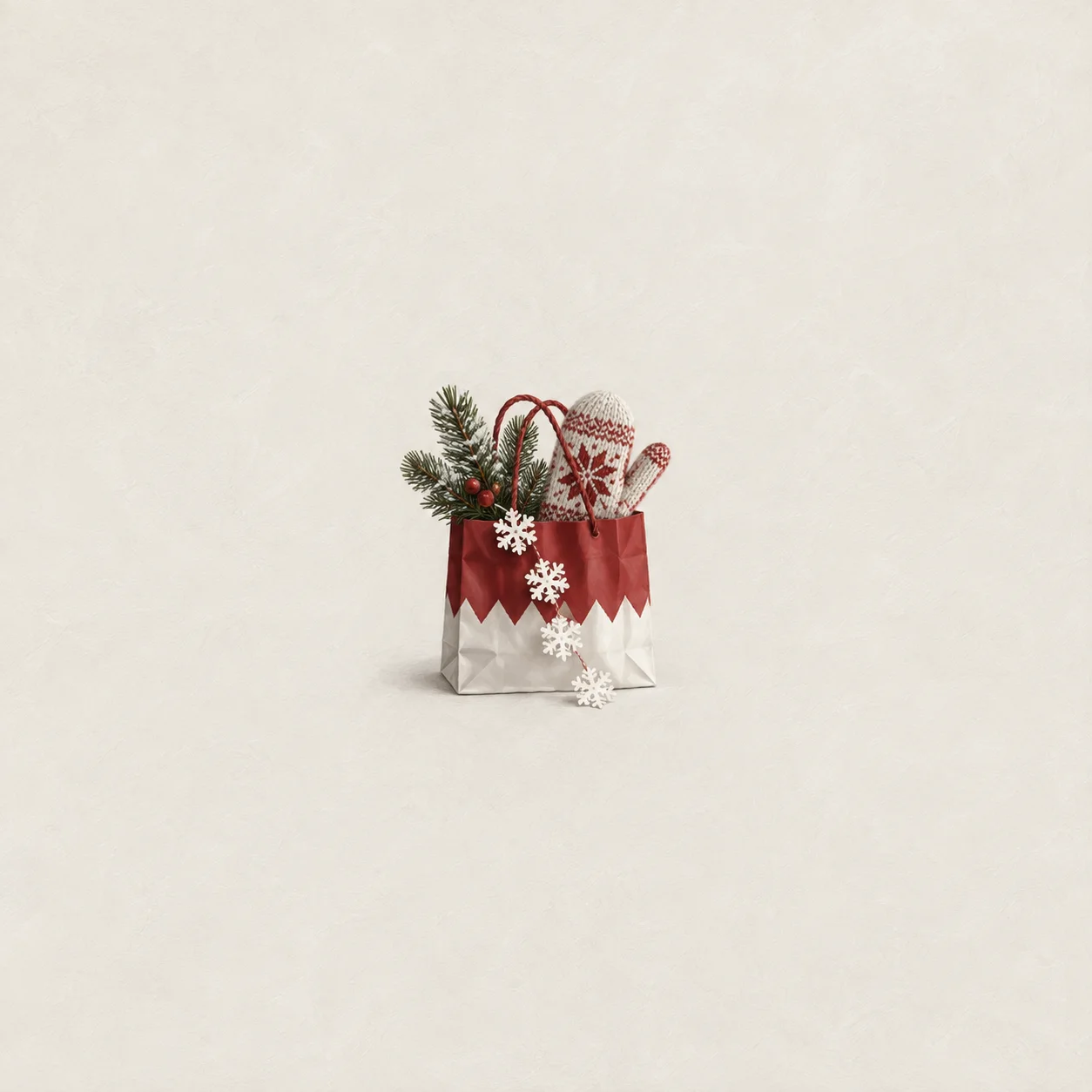 A red-and-white gift bag holds an evergreen sprig and patterned mitten, with paper snowflakes trailing down its front.