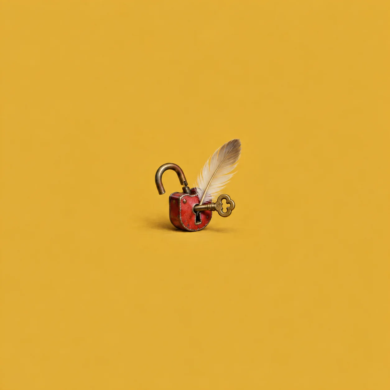 An open red padlock with a brass key and a pale feather on a mustard-yellow background.
