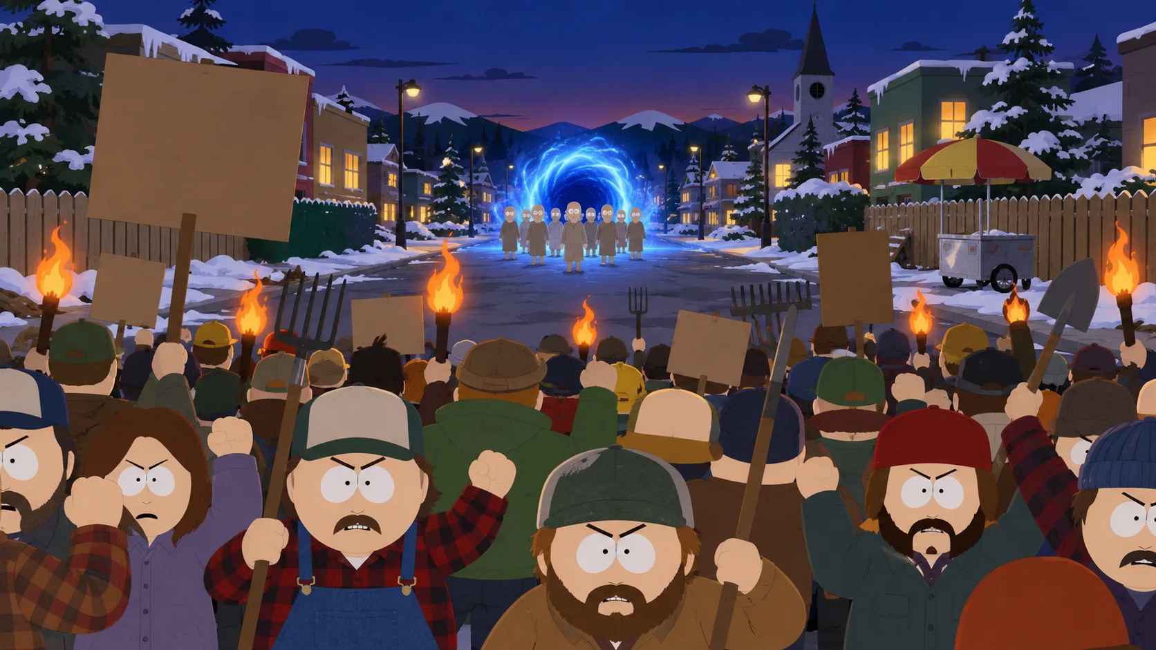 An angry torch-waving mob in trucker caps and plaid fills a snowy small-town street as identical grey-clad figures step out of a glowing blue portal.