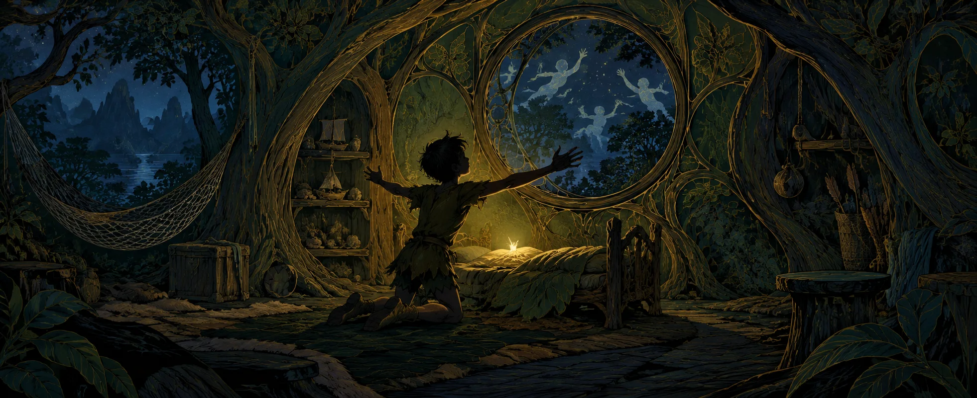 Illustration: a boy kneels with arms spread inside a hollow-tree home as a tiny fading light glows on a bed and fairies drift outside.