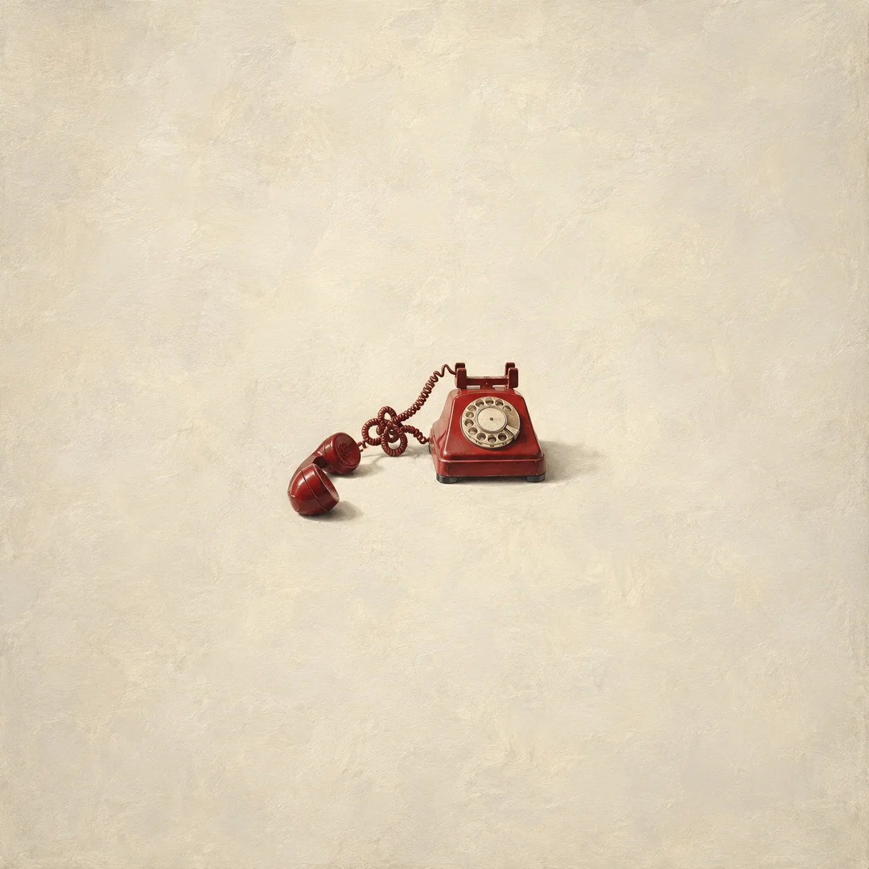 Painterly red rotary telephone with its receiver off the cradle and a knotted cord on cream.