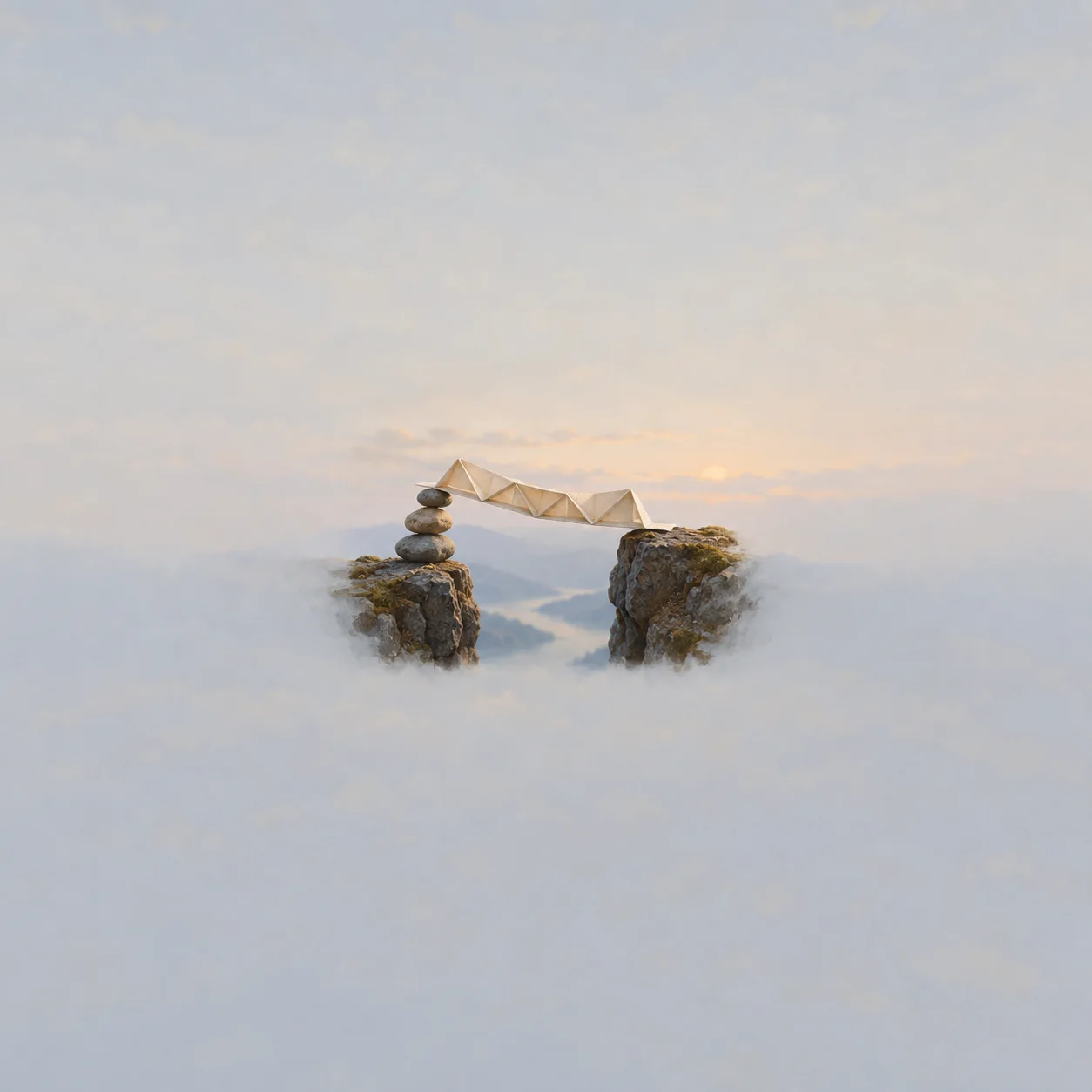 A folded paper bridge between two rocky ledges, one end resting on three stacked pebbles, surrounded by clouds.