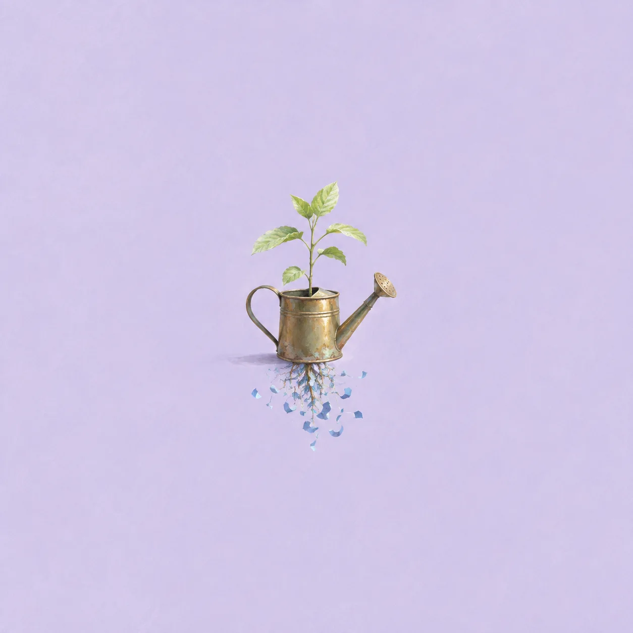 A green sapling grows from a weathered brass watering can, with exposed roots and blue paper drops hanging below.