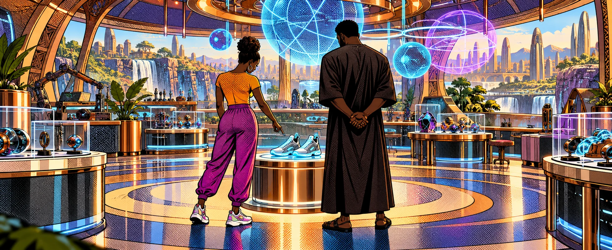 A young woman in bright purple trousers shows a robed man a pair of glowing sneakers in a futuristic lab.