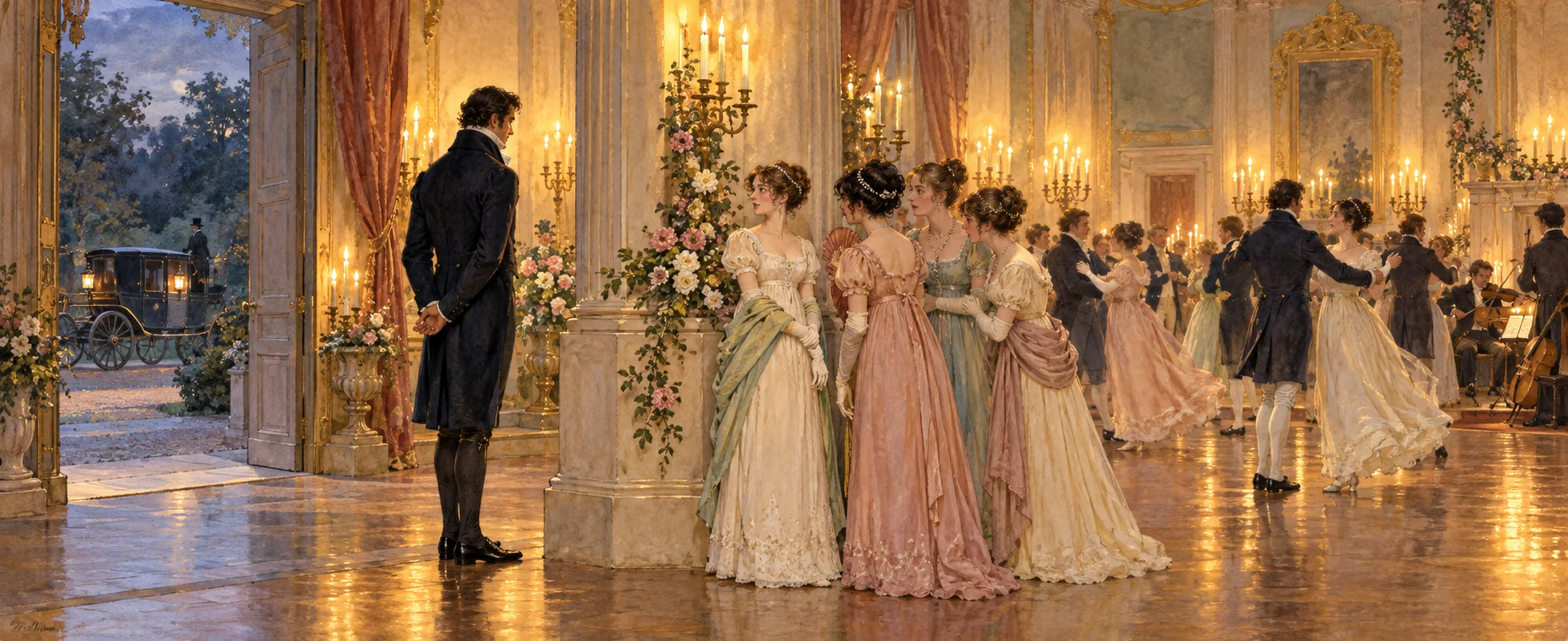 Ladies in Regency gowns gather by a pillar at a candlelit country ball, eyeing a tall gentleman in a dark coat.