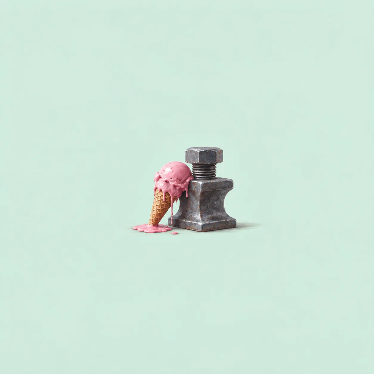A drooping pink ice cream cone beside a solid iron block.