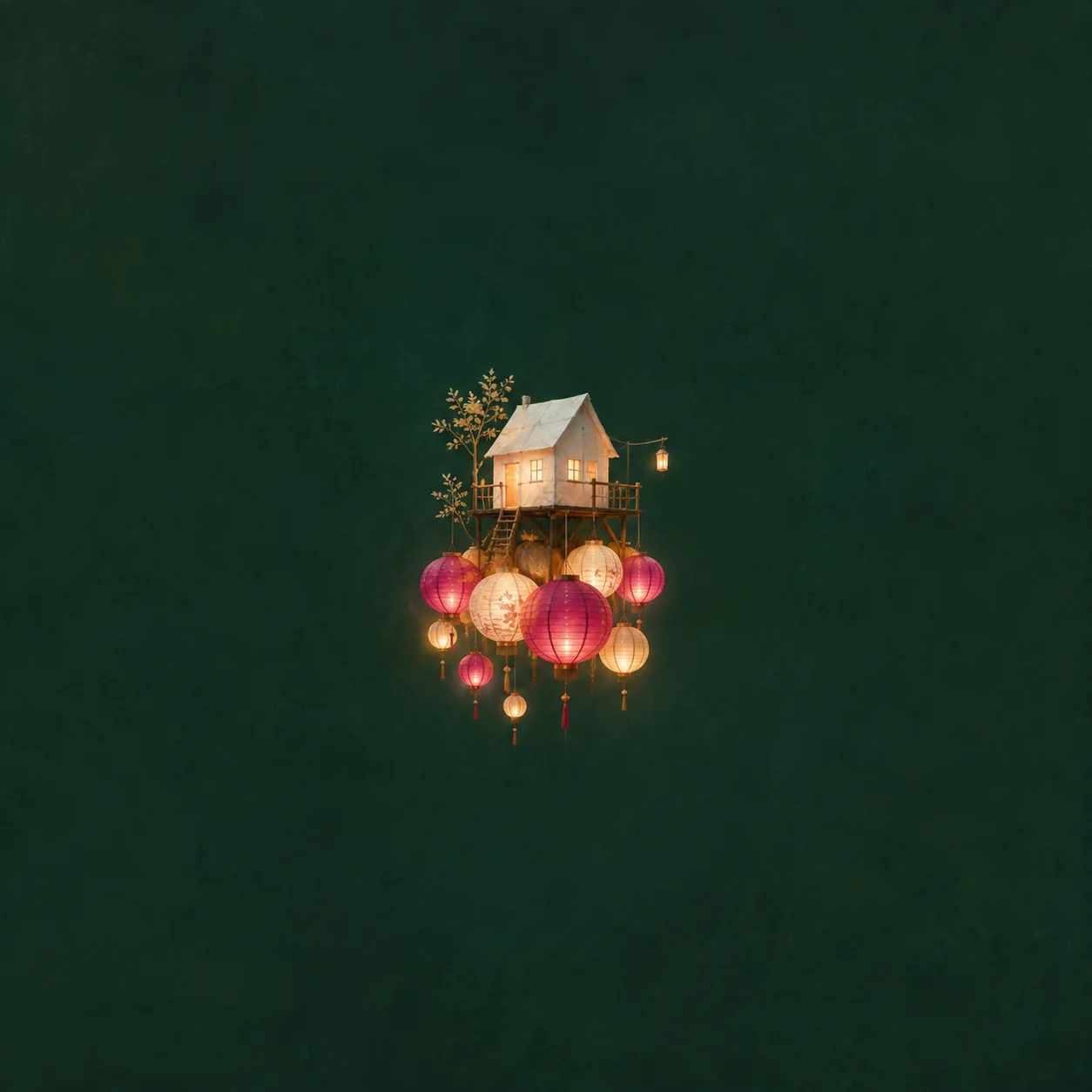 A little white paper house on stilts above a group of magenta and gold lanterns on a green background.