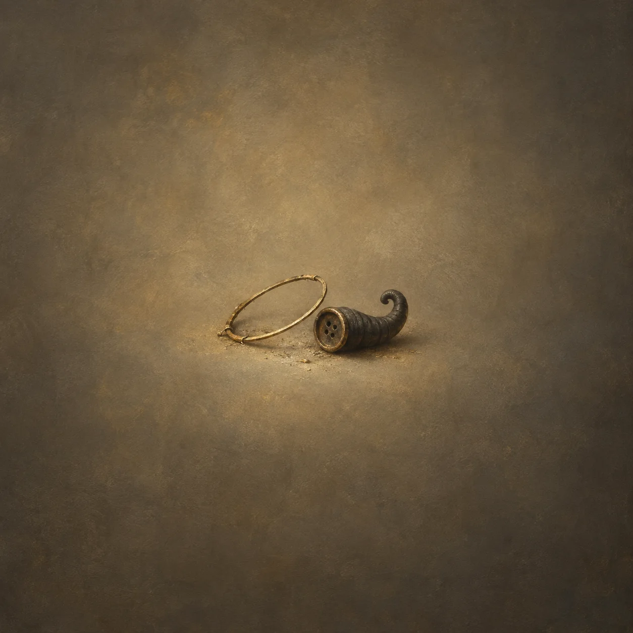 A thin bent gold-colored ring lies beside a dark curled horn-shaped object on an ochre surface.