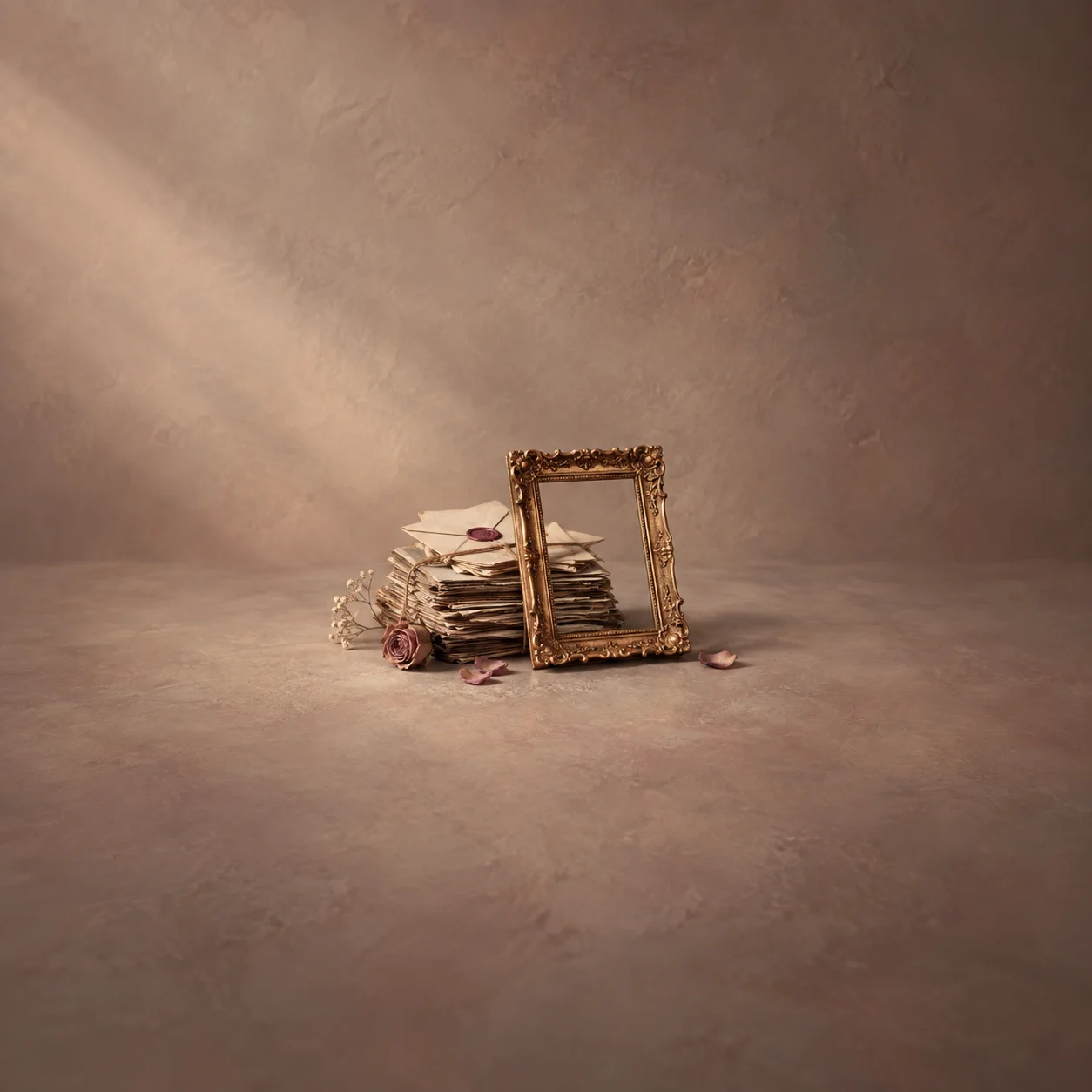 Painterly empty ornate picture frame beside a stack of old letters and dried flowers.
