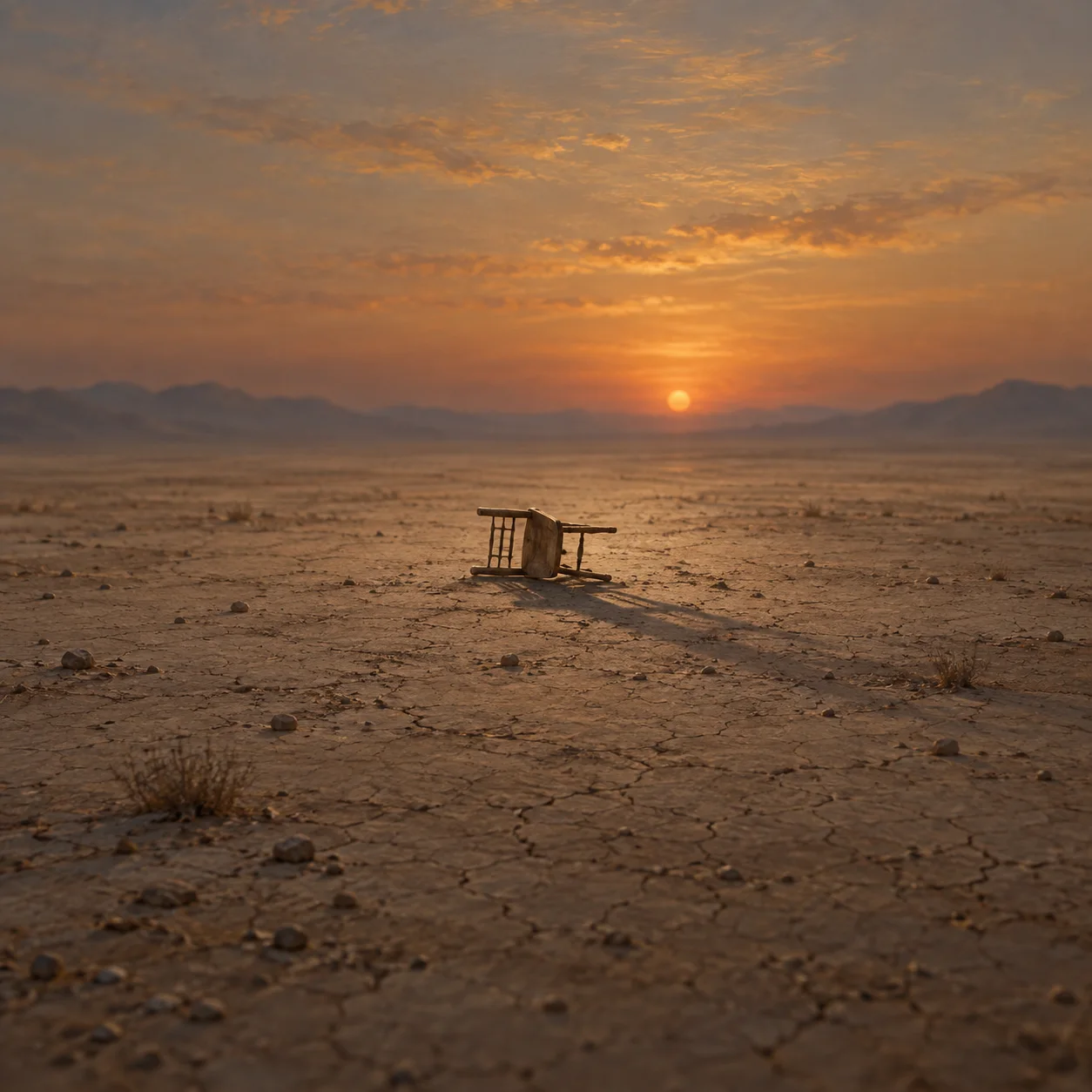 Painterly overturned wooden chair casting a long shadow on cracked earth beneath an amber sunset.