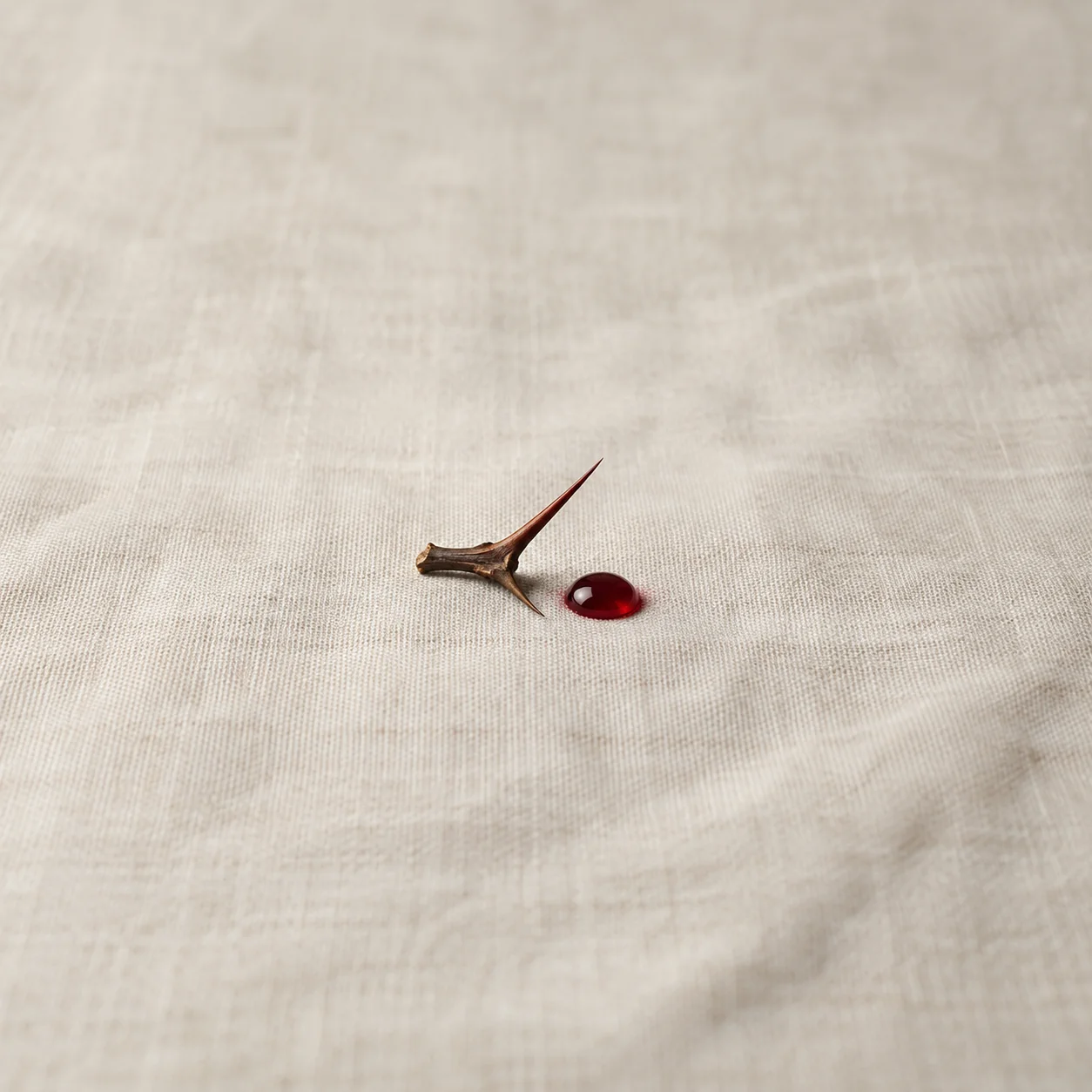 A sharp brown thorn lies beside a single dark red droplet on pale linen.