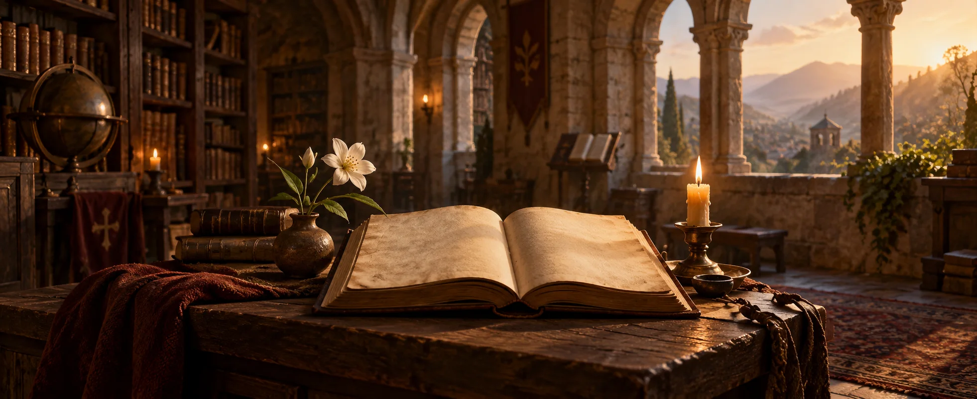 An open unmarked parchment book lies beside a small white flower in the warm light of a monastery library.
