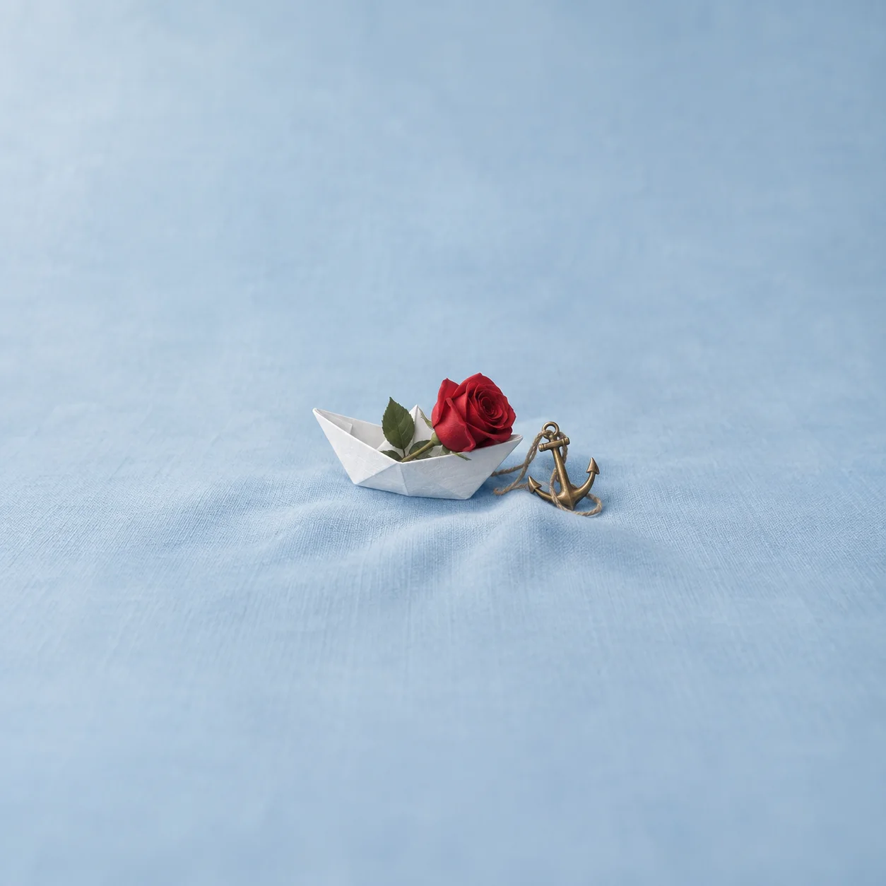 A white paper boat holds a red rose beside a small brass anchor against pale blue.