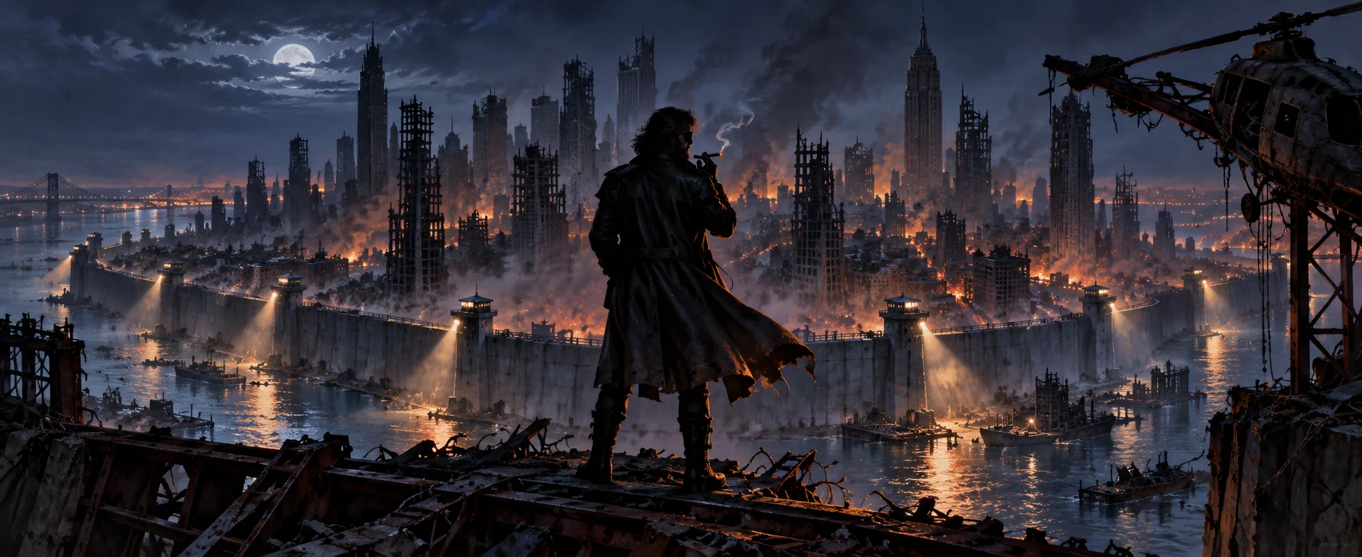 A man in a long coat stands on a broken bridge looking over the walled ruins of Manhattan at night.