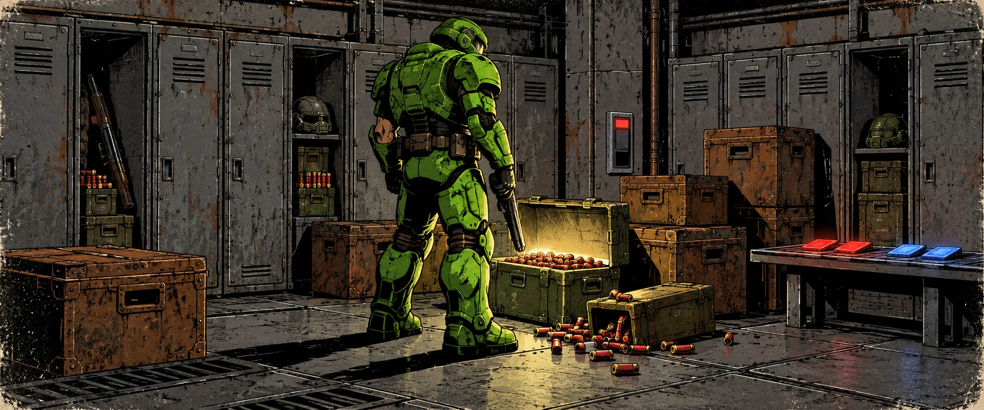 A green-armoured space marine stands over crates spilling ammunition and keys in an armoury.