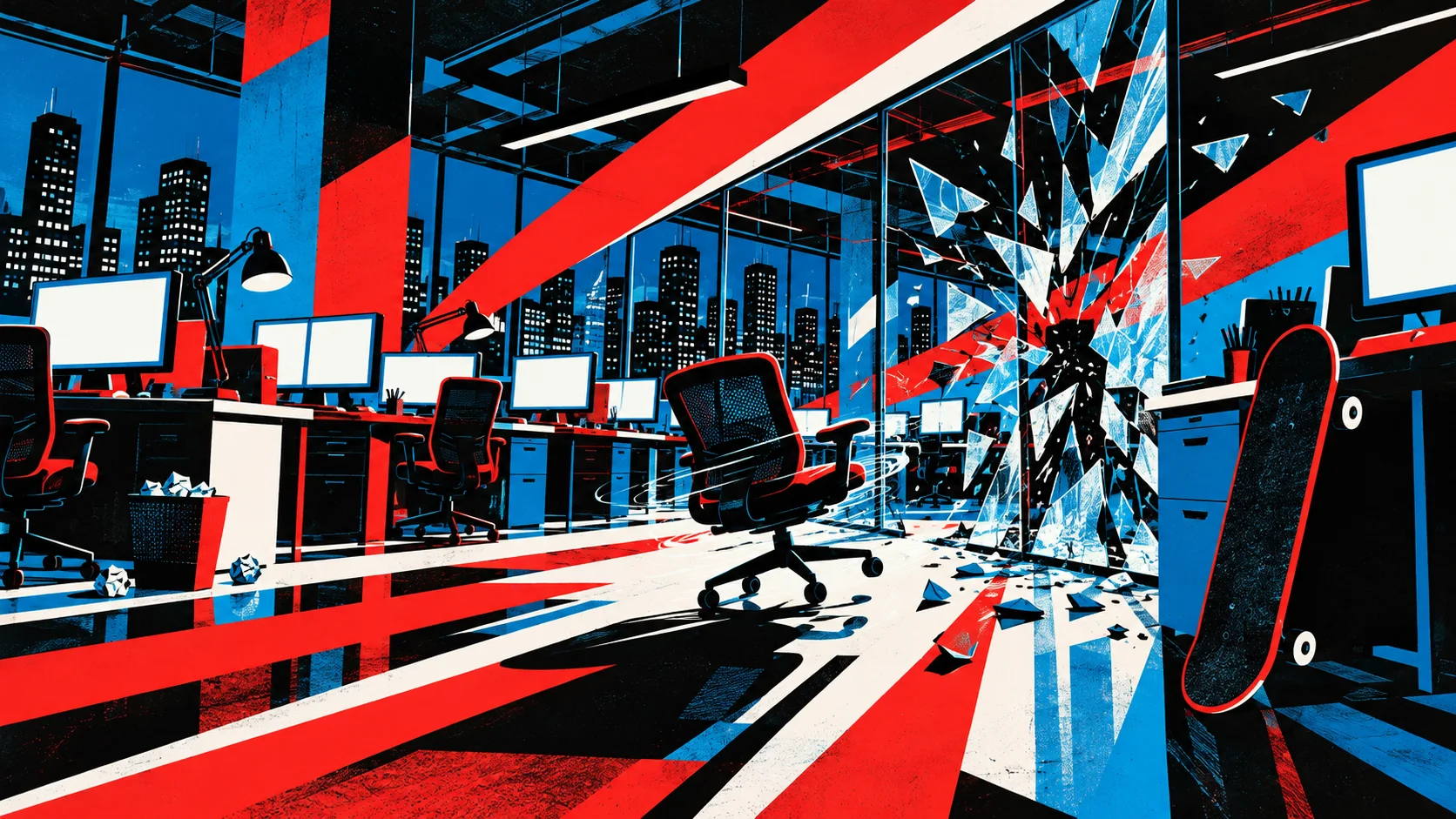 A night-time tech office in bold red, blue and black poster style, a glass wall shattering and an office chair spinning past a skateboard.