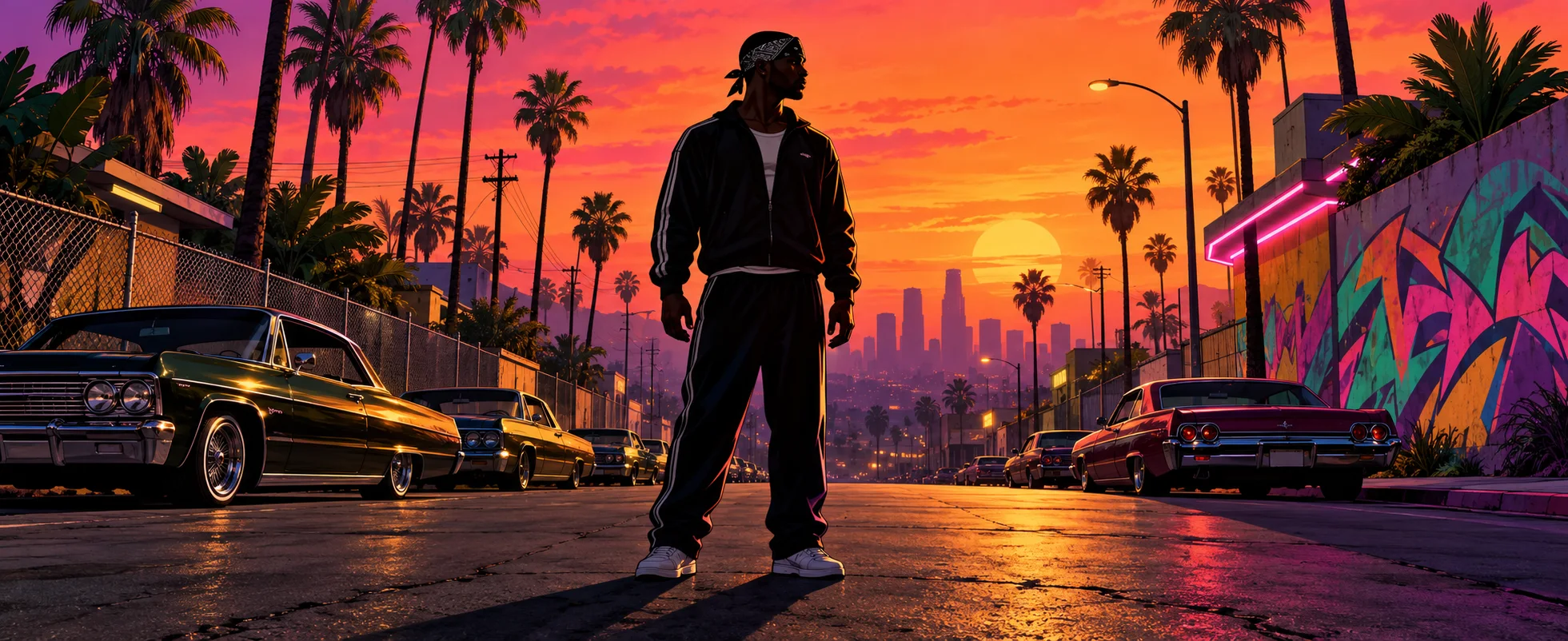 A young man in a black tracksuit stands in the middle of a palm-lined street at sunset beside lowriders and a graffiti wall.