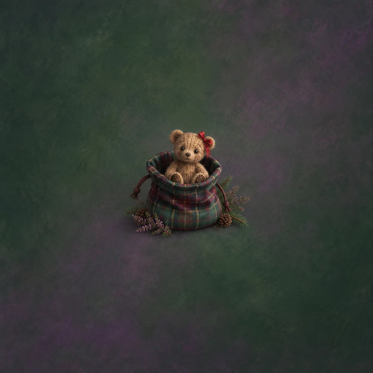A knitted teddy bear with a red ribbon at its ear peeks out of a tartan pouch.